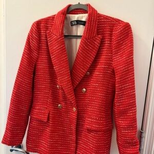 Zara Women's Bold Red Textured Blazer